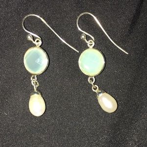 Green gem stone and pearl earrings